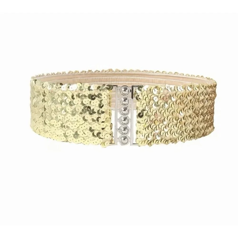 Women's Two Sequin Elastic Waist Belts - Vintage Style, Adjustable One Size